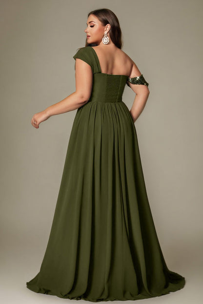 Ottilie Sequin Dress with Off-Shoulder Neck and Side Slit