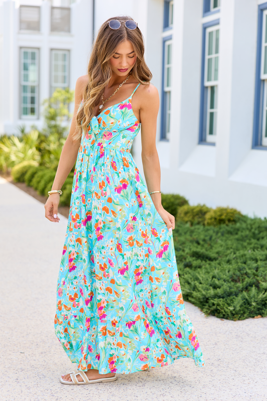 Mariah Turquoise Floral Maxi Dress