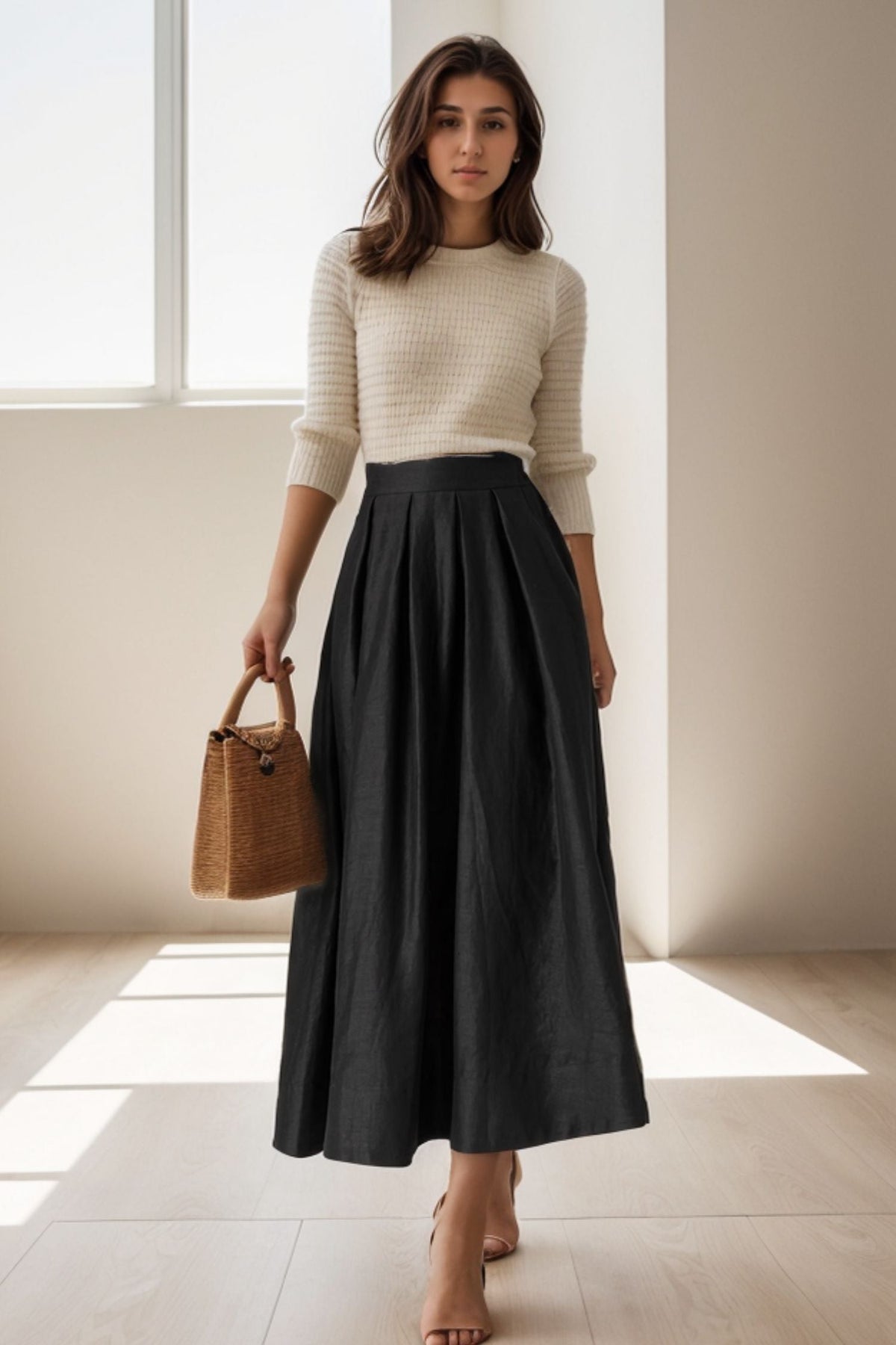 Jenna Black Skirt with Pleated Waist and Linen Blend