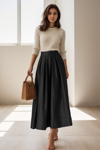Jenna Black Skirt with Pleated Waist and Linen Blend