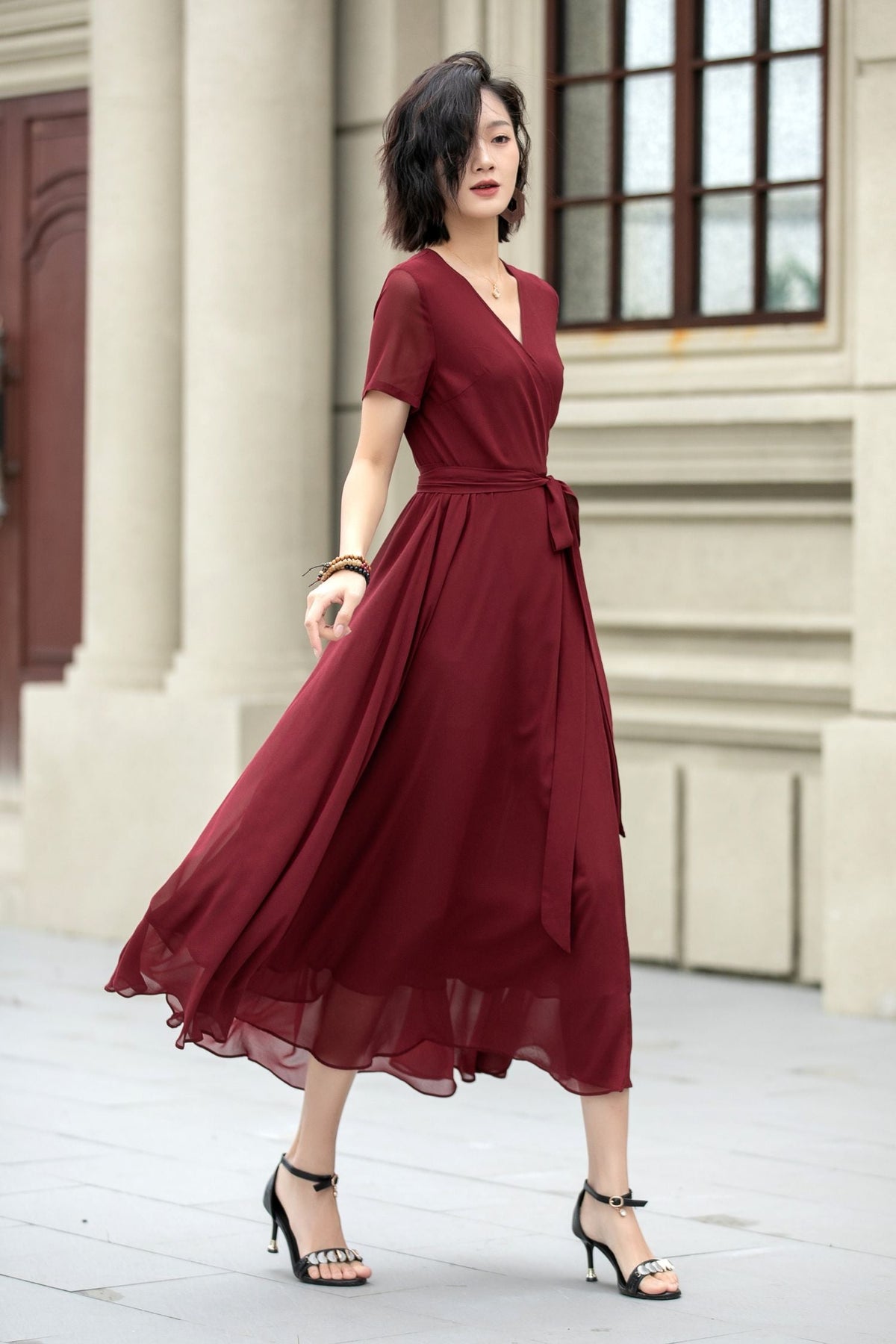 Florine Burgundy Dress with Wrap Front and Flared Skirt