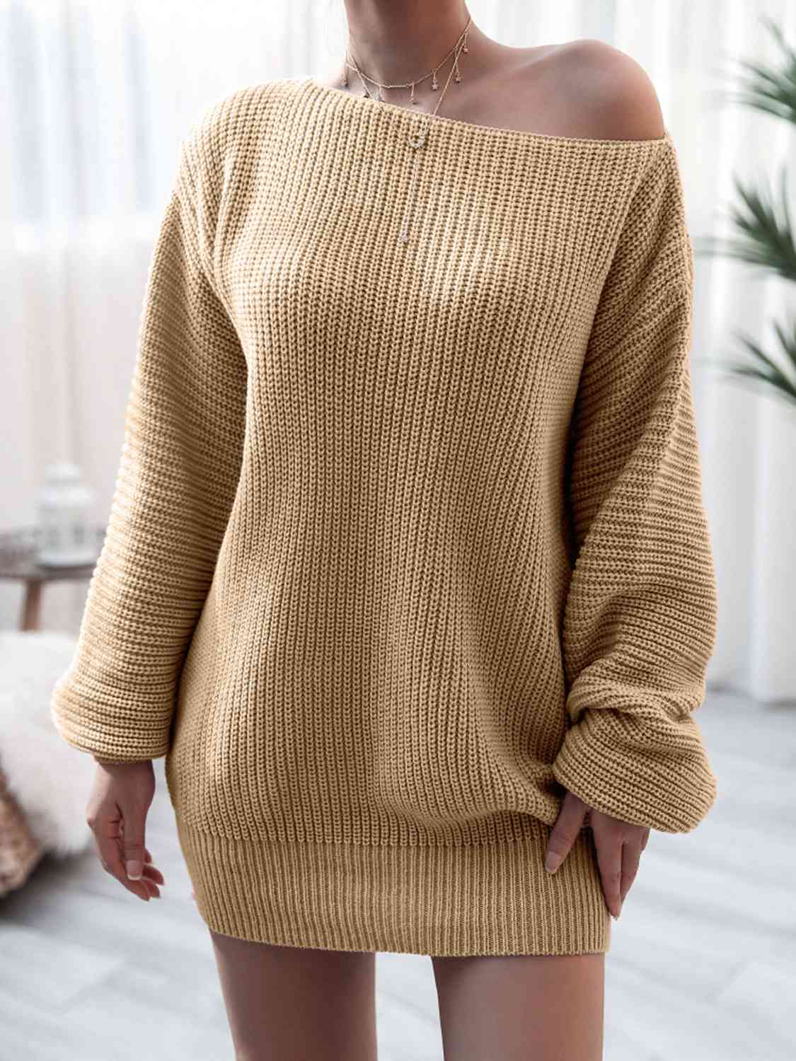 Inge Sweater Dress with Off-Shoulder Neck and Rib Knit