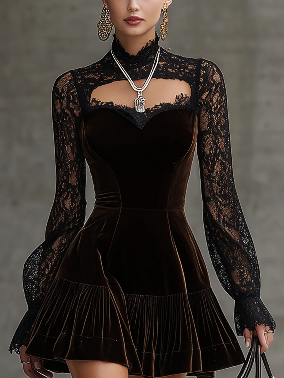 Nadia Velvet Dress with Lace Sleeves and Cutout Neck