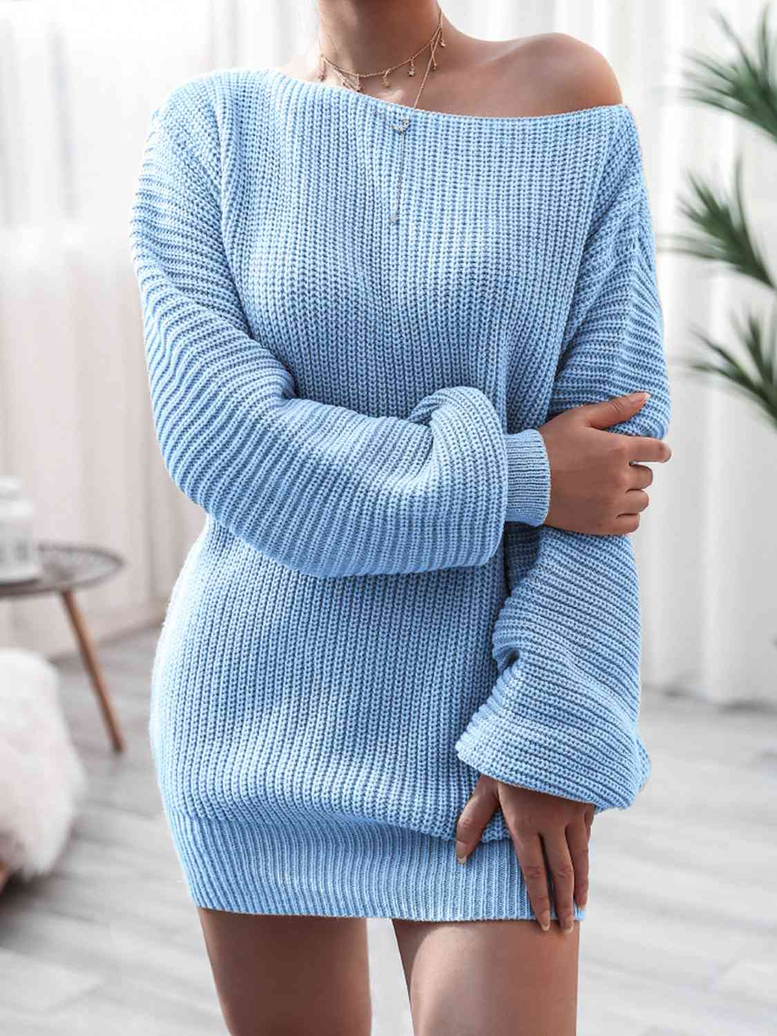 Inge Sweater Dress with Off-Shoulder Neck and Rib Knit
