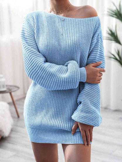 Inge Sweater Dress with Off-Shoulder Neck and Rib Knit