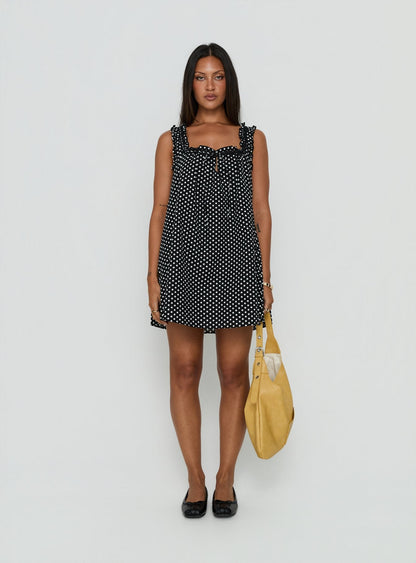 Delphi Black Mini Dress with Polka Dots and Swing Skirt