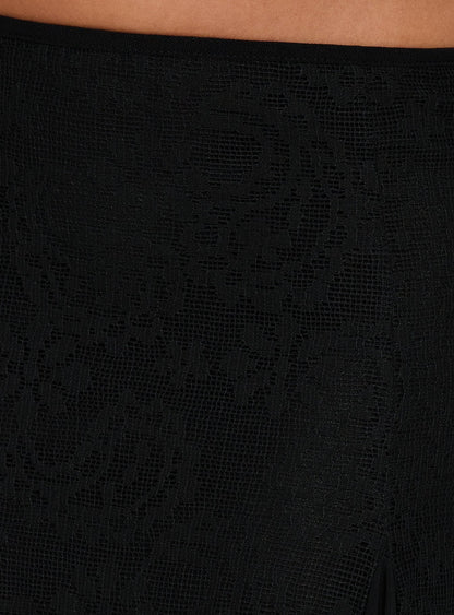 Emmy Black Skirt with Lace Panels and Midi Length