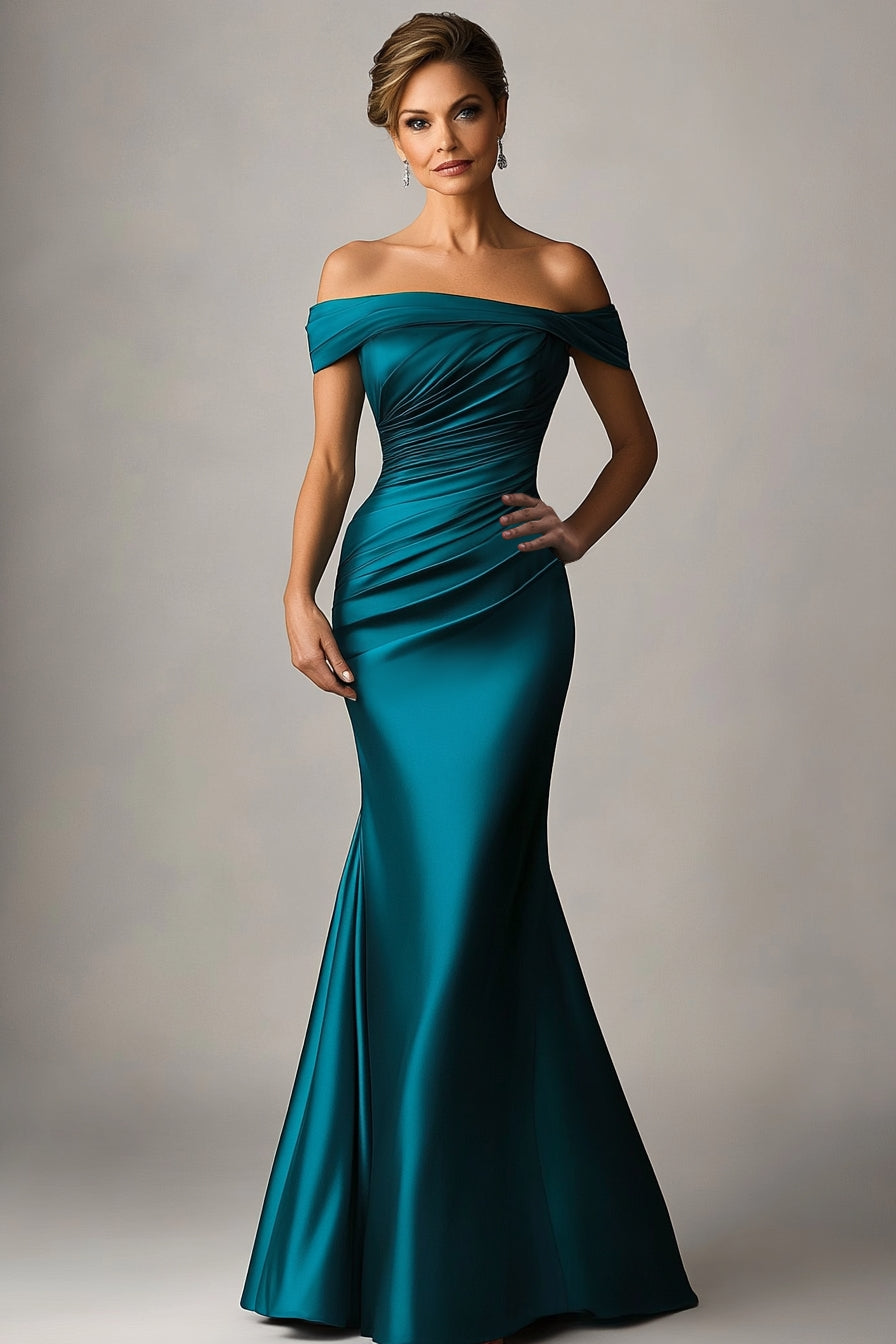 Florentine Formal Dress with Off Shoulder Neck and Ruched Satin