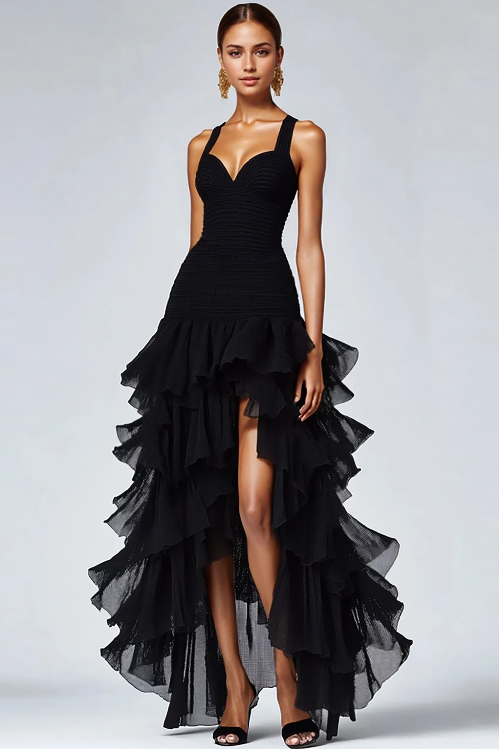 Frederique Black Dress with Organza Ruffles and High Low Hem