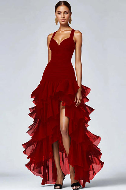 Frederique Black Dress with Organza Ruffles and High Low Hem