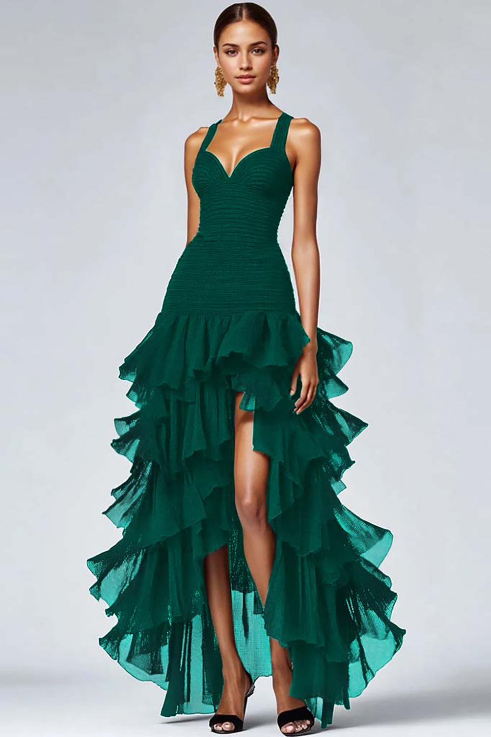 Frederique Black Dress with Organza Ruffles and High Low Hem