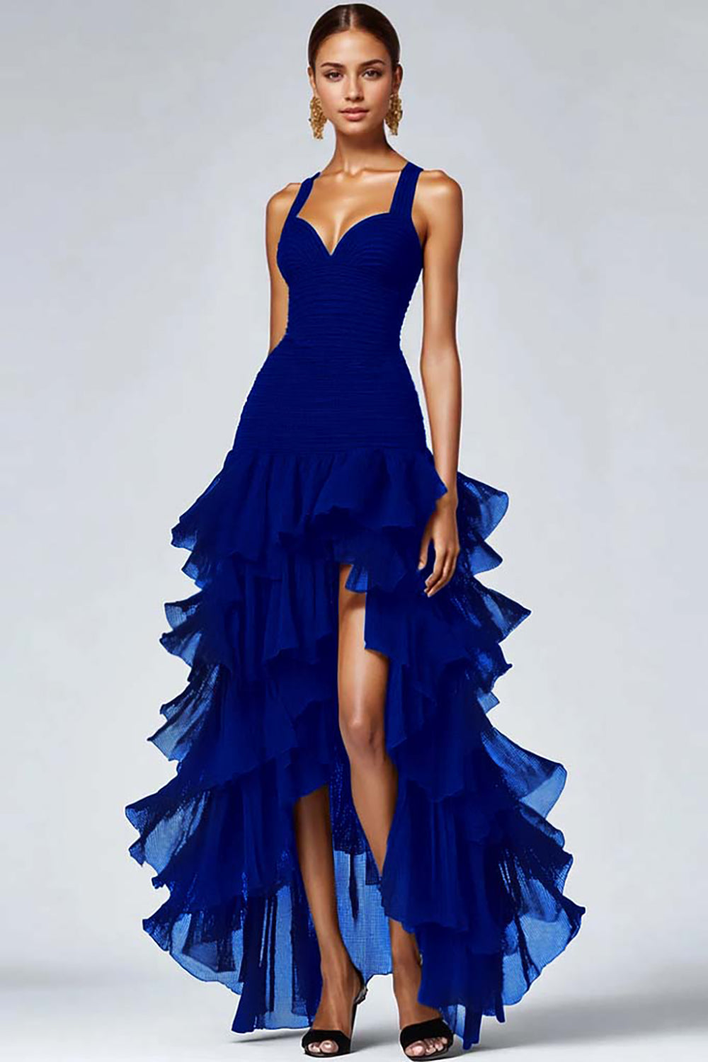 Frederique Black Dress with Organza Ruffles and High Low Hem