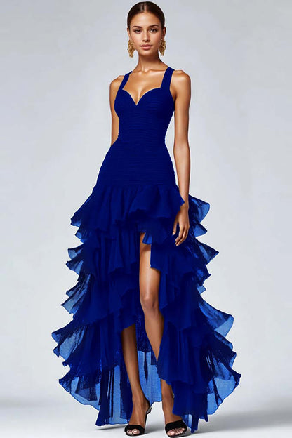 Frederique Black Dress with Organza Ruffles and High Low Hem