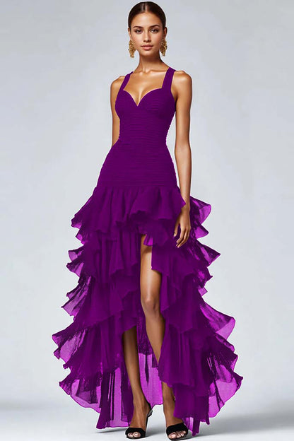 Frederique Black Dress with Organza Ruffles and High Low Hem