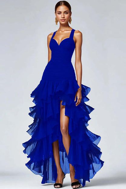 Frederique Black Dress with Organza Ruffles and High Low Hem