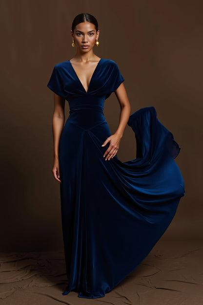 Josephine Velvet Dress with V Neck and Draped Skirt