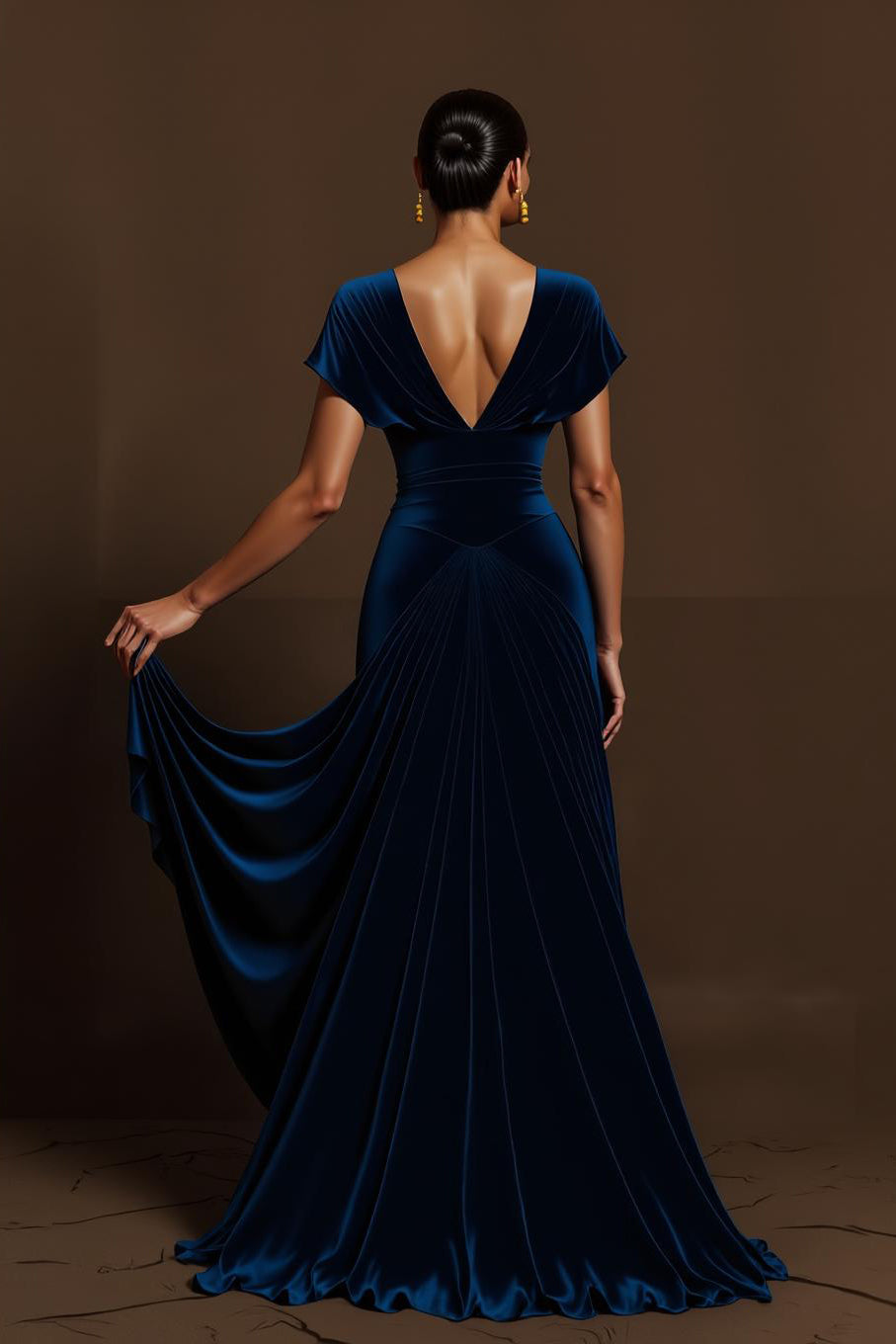 Josephine Velvet Dress with V Neck and Draped Skirt