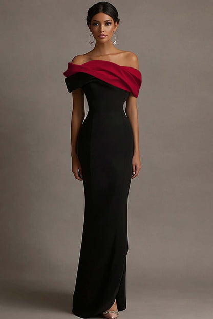 Liesbeth Black Dress with Off Shoulder Neck and Contrast Trim