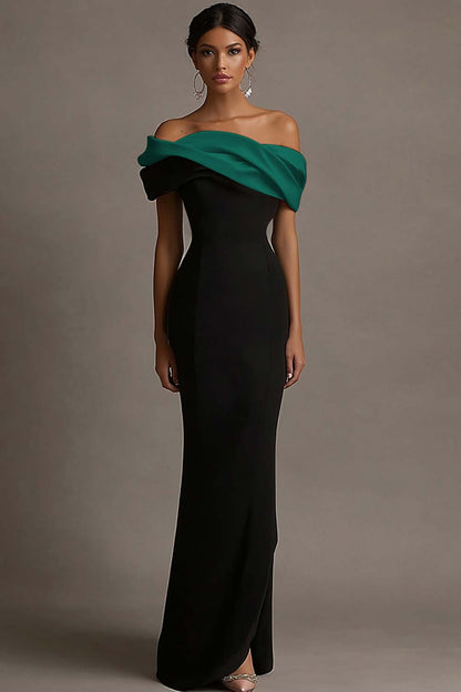 Liesbeth Black Dress with Off Shoulder Neck and Contrast Trim