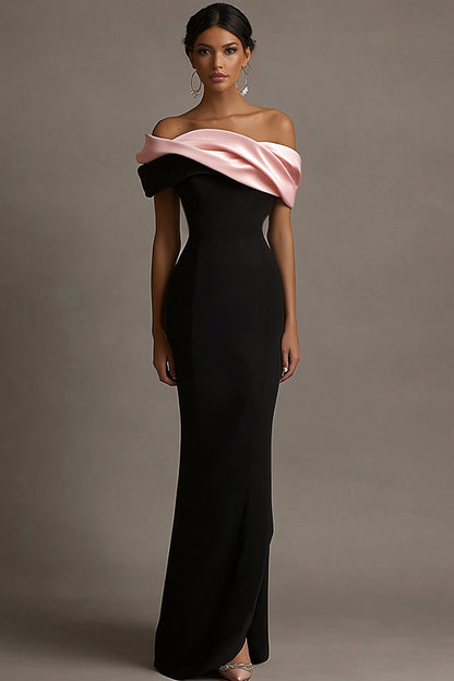 Liesbeth Black Dress with Off Shoulder Neck and Contrast Trim
