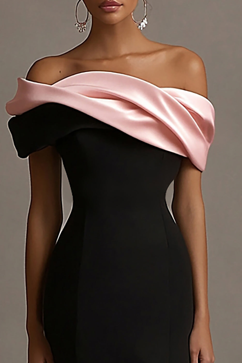 Liesbeth Black Dress with Off Shoulder Neck and Contrast Trim