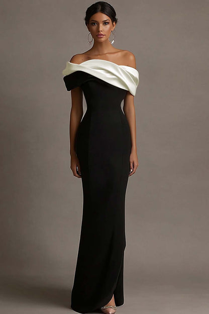 Liesbeth Black Dress with Off Shoulder Neck and Contrast Trim
