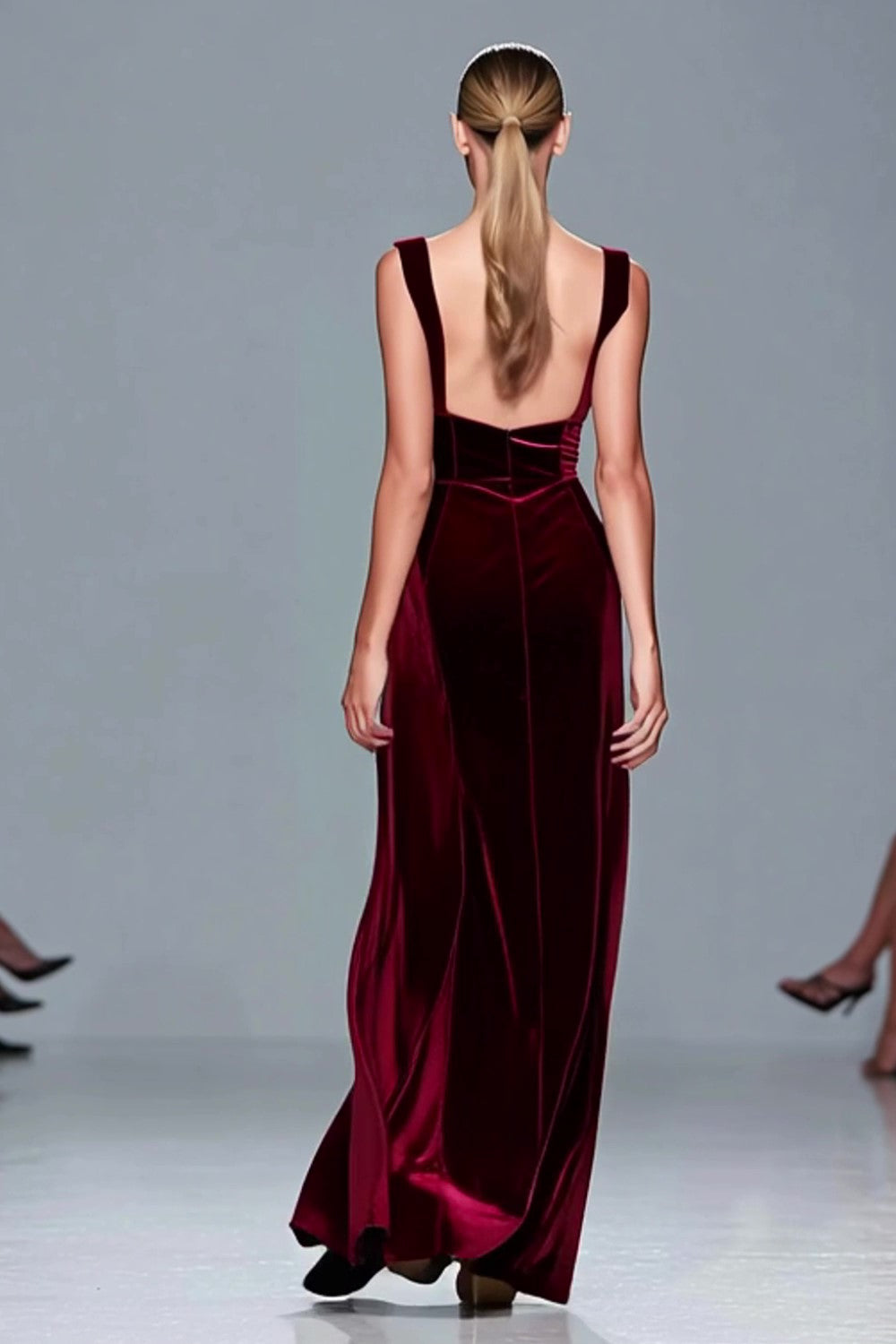 Cecilia Velvet Dress with Square Neck and High Slit