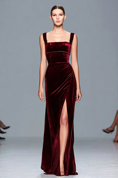 Cecilia Velvet Dress with Square Neck and High Slit