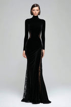 Vera Velvet Dress with High Neck and Lace Panels