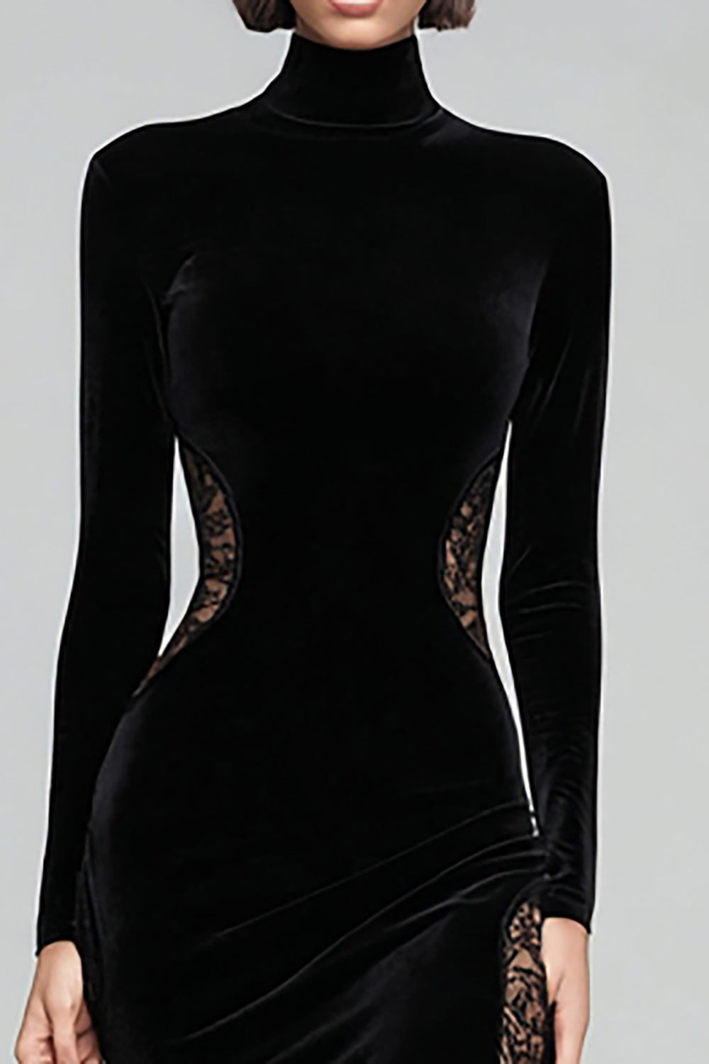 Vera Velvet Dress with High Neck and Lace Panels