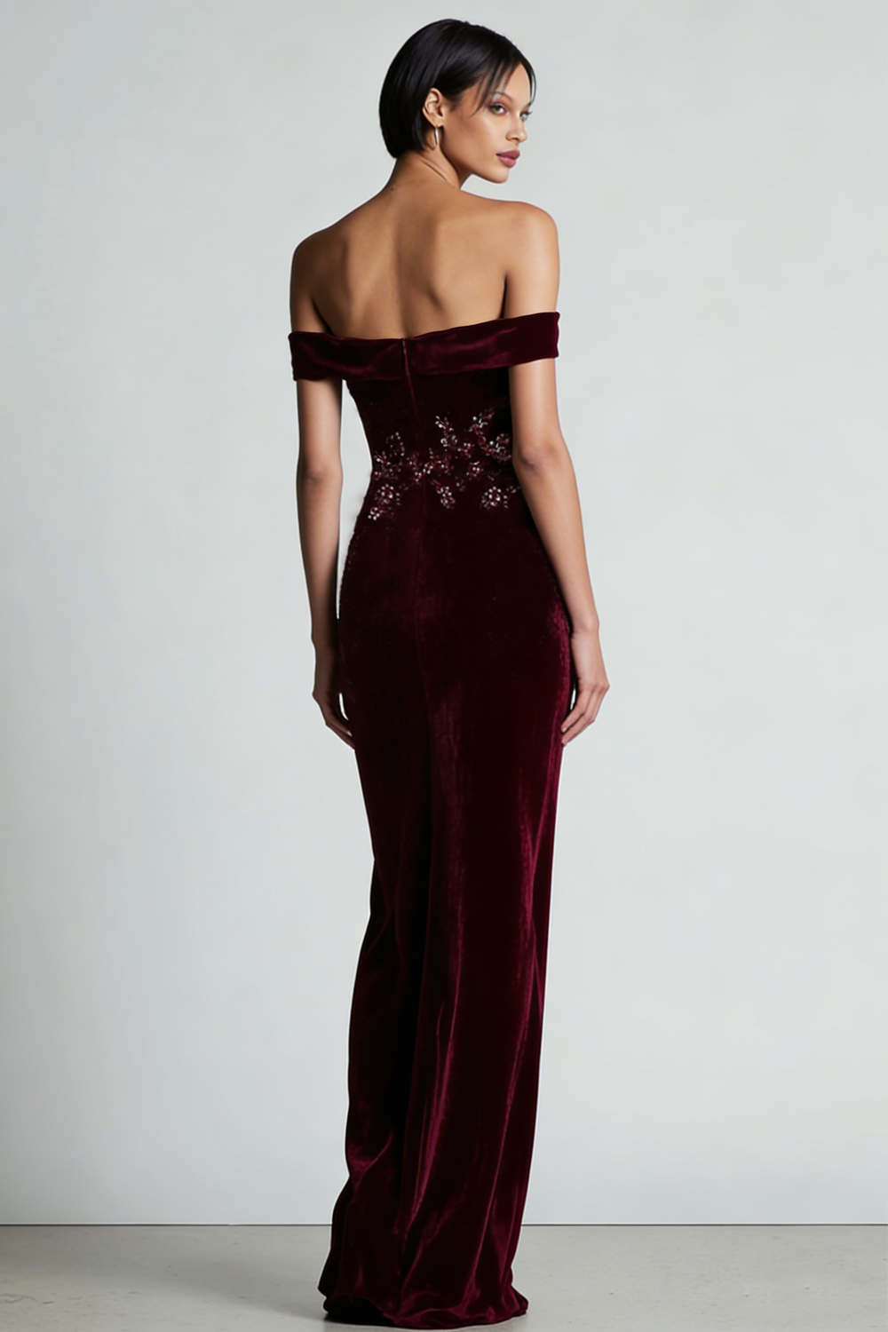 Frida Velvet Dress with Off-Shoulder Neck and Beading