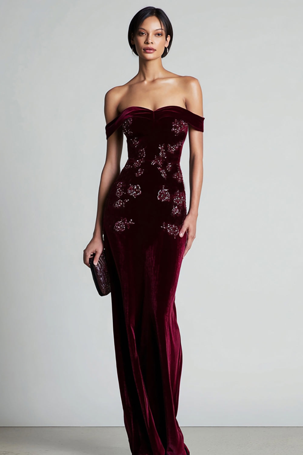 Frida Velvet Dress with Off-Shoulder Neck and Beading
