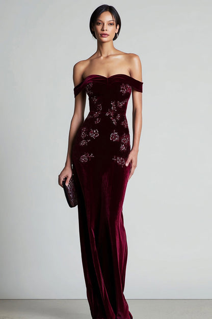 Frida Velvet Dress with Off-Shoulder Neck and Beading