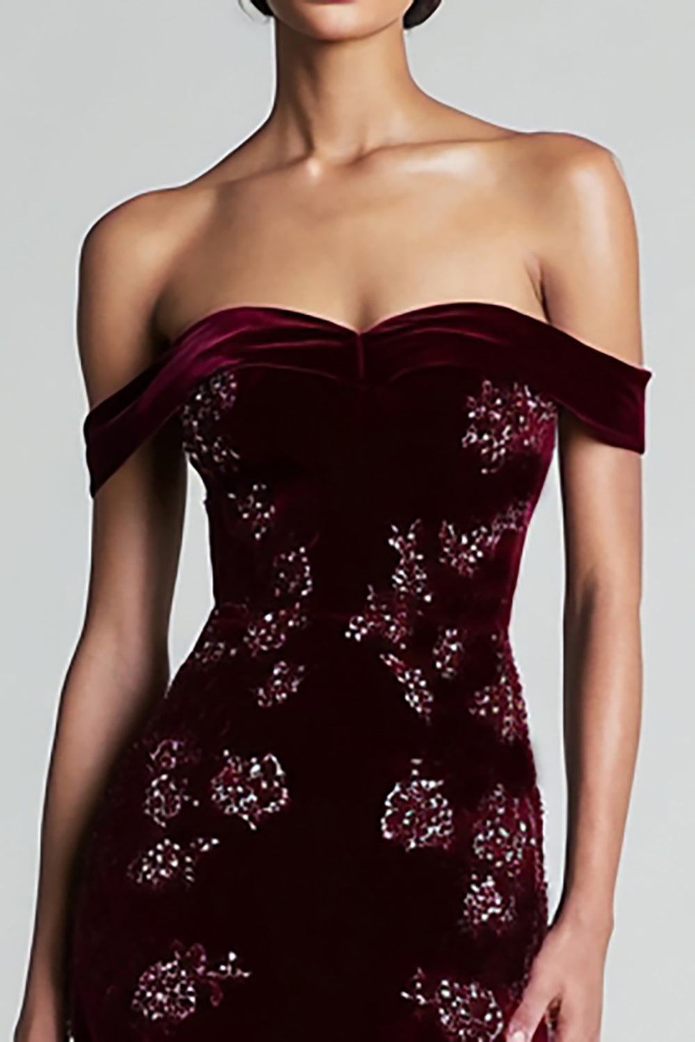 Frida Velvet Dress with Off-Shoulder Neck and Beading