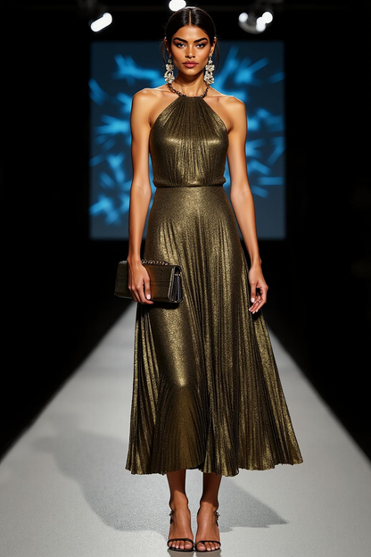 Wilhelmina Formal Dress with Halter Neck and Pleated Skirt