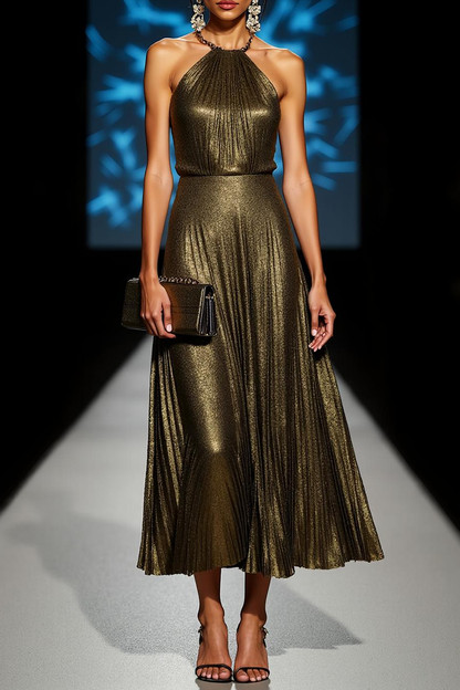 Wilhelmina Formal Dress with Halter Neck and Pleated Skirt