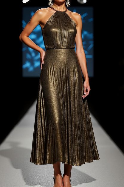 Wilhelmina Formal Dress with Halter Neck and Pleated Skirt