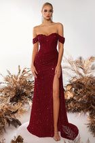 Una Sequin Dress with Off-Shoulder Corset and Slit