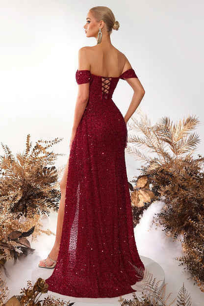 Una Sequin Dress with Off-Shoulder Corset and Slit
