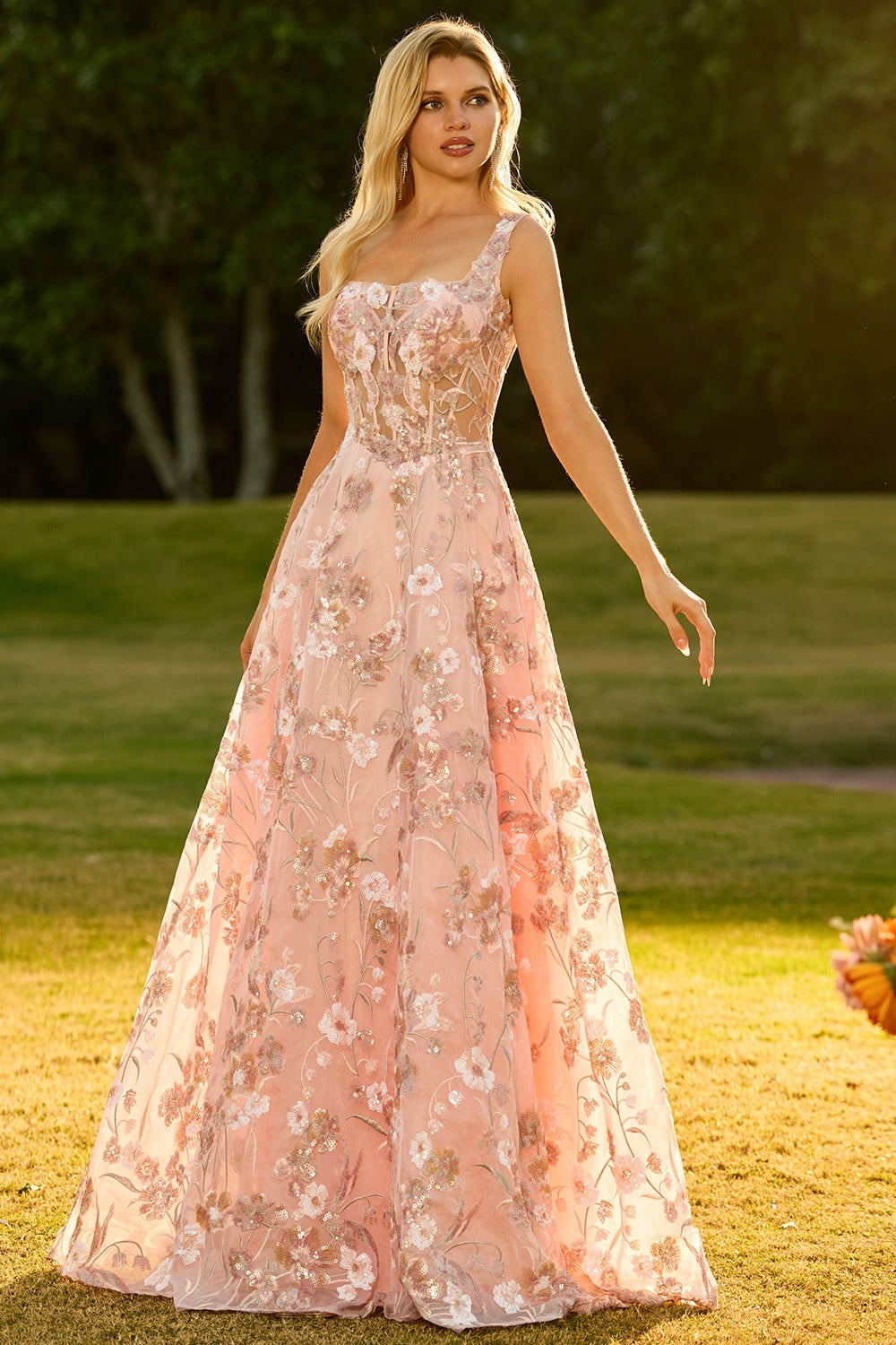 Priya Sequin Dress with Floral Applique and A-Line Skirt