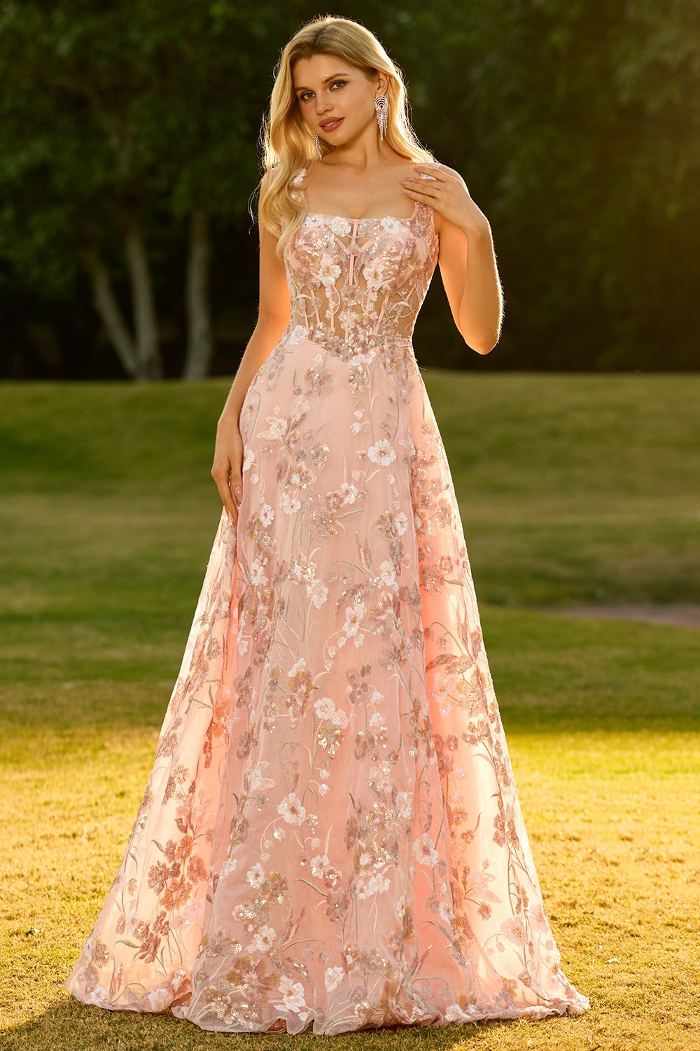 Priya Sequin Dress with Floral Applique and A-Line Skirt