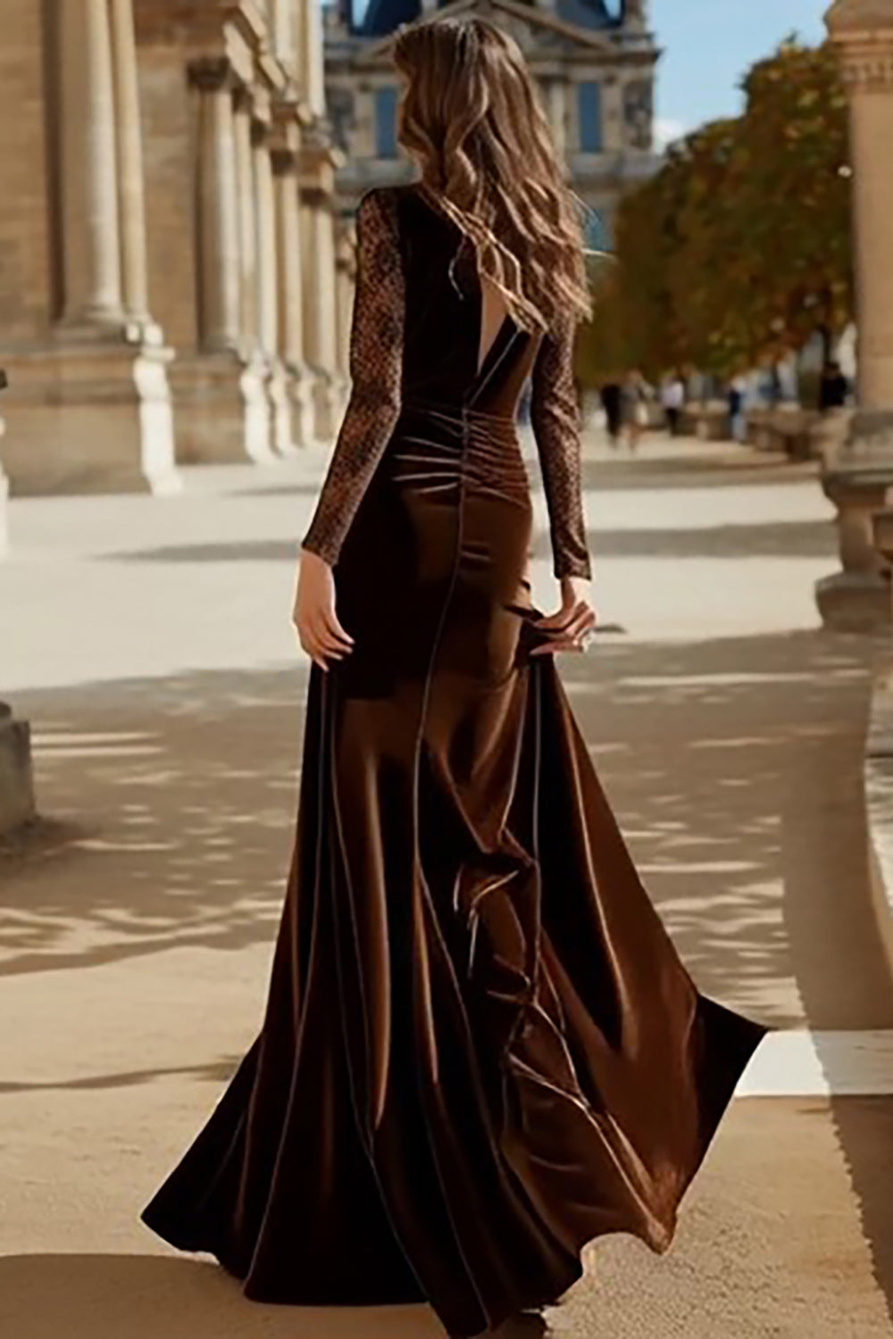 Annika Velvet Dress with Lace Sleeves and Mermaid Hem