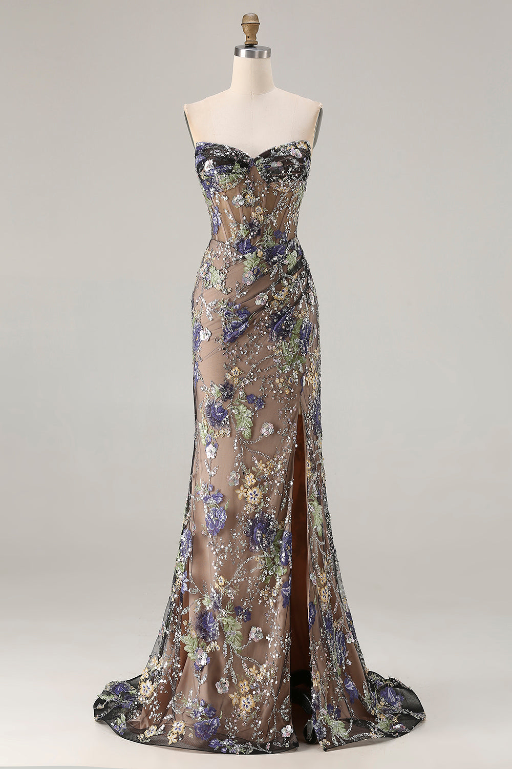 Tessa Sequin Dress with Corset Bodice and High Slit