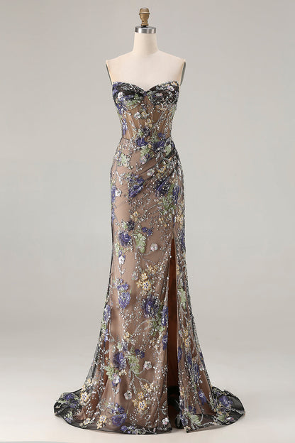 Tessa Sequin Dress with Corset Bodice and High Slit