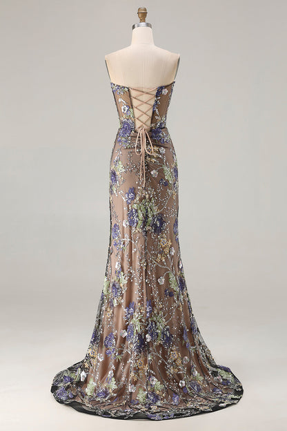 Tessa Sequin Dress with Corset Bodice and High Slit