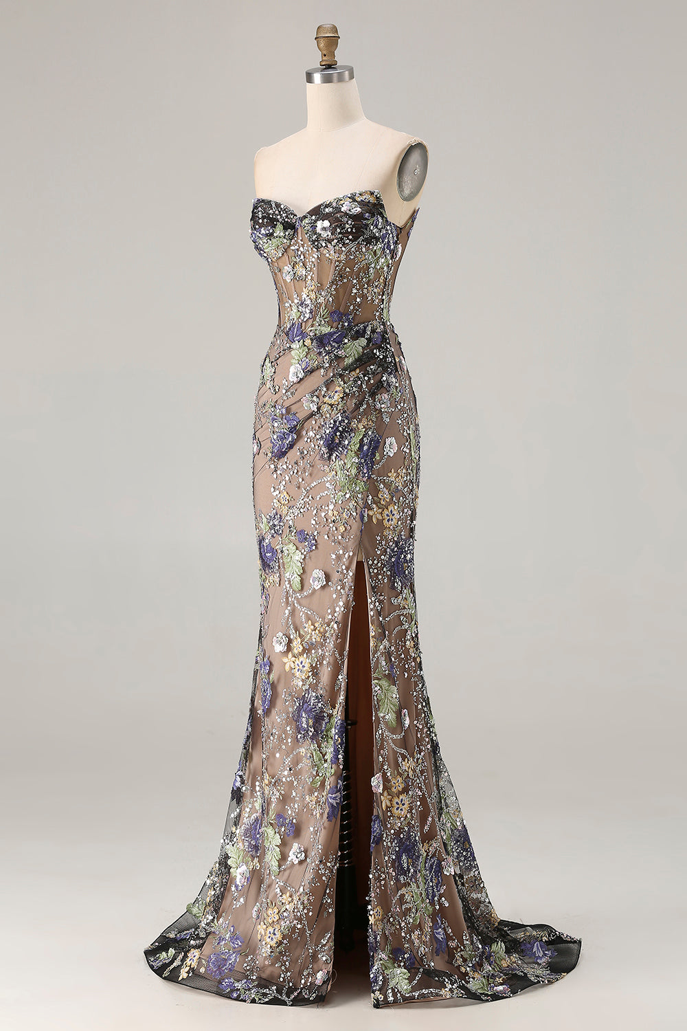 Tessa Sequin Dress with Corset Bodice and High Slit