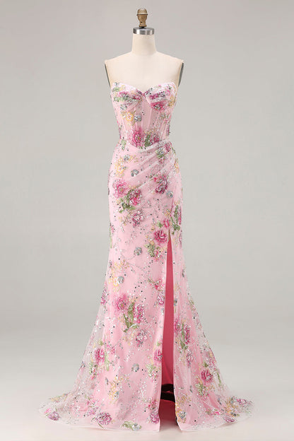Tessa Sequin Dress with Corset Bodice and High Slit