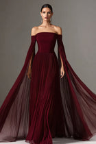 Sadie Burgundy Dress with Off Shoulder Neck and Chiffon Cape