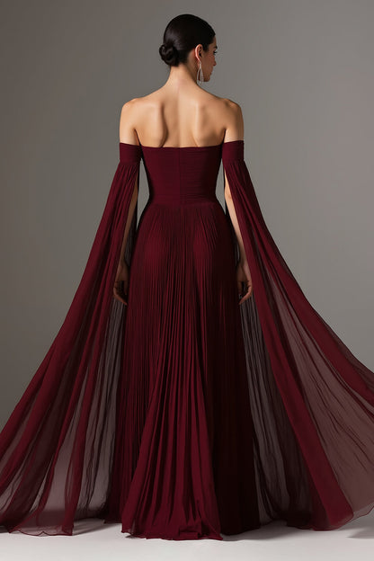 Sadie Burgundy Dress with Off Shoulder Neck and Chiffon Cape