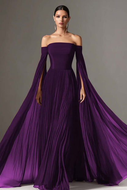 Sadie Burgundy Dress with Off Shoulder Neck and Chiffon Cape